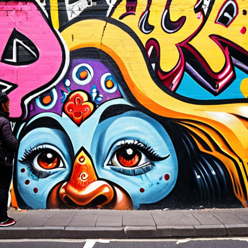 **Cultural Identity and Diversity in Street Art**: Create an image depicting a vibrant urban street scene filled with diverse street art, showcasing various graffiti styles and performances. Include people from different backgrounds admiring the art, emphasizing the connection between the artists and the community.