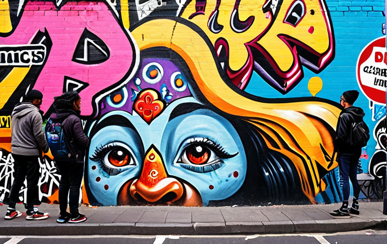 **Cultural Identity and Diversity in Street Art**: Create an image depicting a vibrant urban street scene filled with diverse street art, showcasing various graffiti styles and performances. Include people from different backgrounds admiring the art, emphasizing the connection between the artists and the community.