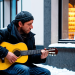 **

A lone guitarist plays a melancholic tune on a snowy street in a German city. Passersby pause to listen, their faces reflecting a mix of emotions – sadness, connection, and appreciation. Capture the intimate atmosphere and the unifying power of street music on a cold winter's day. Focus on realistic textures, warm lighting contrasting with the cold surroundings, and the emotional expressions of the people.

**
