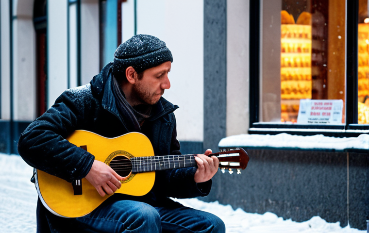 **
A lone guitarist plays a melancholic tune on a snowy street in a German city. Passersby pause to listen, their faces reflecting a mix of emotions – sadness, connection, and appreciation. Capture the intimate atmosphere and the unifying power of street music on a cold winter's day. Focus on realistic textures, warm lighting contrasting with the cold surroundings, and the emotional expressions of the people.
**