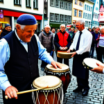 A skilled street musician, fully clothed in modest, practical attire, performs lively rhythms on traditional drums in a bustling pedestrian zone in Cologne, Germany. A diverse, multi-generational crowd, all in appropriate attire, watches attentively, their faces showing genuine enjoyment and connection. Historic German buildings line the background. The image conveys the power of universal art, featuring natural poses, perfect anatomy, correct proportions, well-formed hands, and proper finger count. Professional photography, high-resolution, vibrant colors, natural daylight, safe for work, appropriate content, fully clothed, family-friendly.