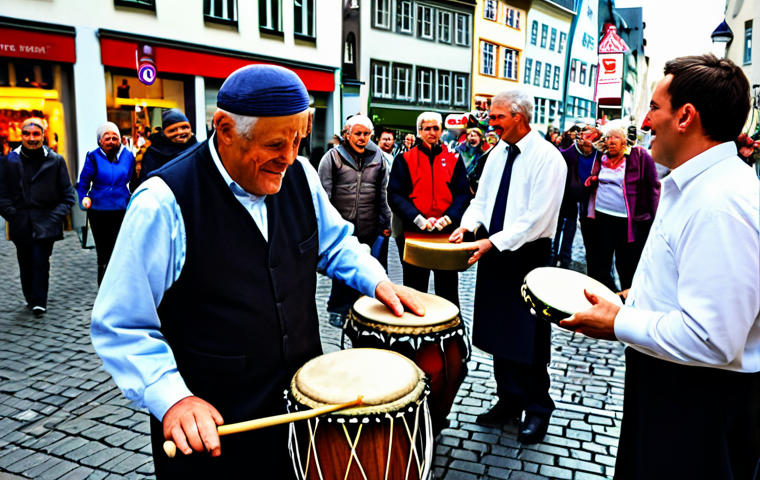 A skilled street musician, fully clothed in modest, practical attire, performs lively rhythms on traditional drums in a bustling pedestrian zone in Cologne, Germany. A diverse, multi-generational crowd, all in appropriate attire, watches attentively, their faces showing genuine enjoyment and connection. Historic German buildings line the background. The image conveys the power of universal art, featuring natural poses, perfect anatomy, correct proportions, well-formed hands, and proper finger count. Professional photography, high-resolution, vibrant colors, natural daylight, safe for work, appropriate content, fully clothed, family-friendly.