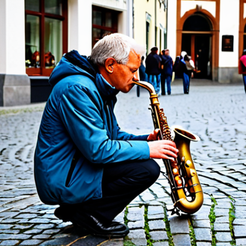 A professional male street saxophonist, dressed in a modest, practical jacket and trousers, passionately playing his instrument on a bustling cobblestone square in a historic German city. An open instrument case rests subtly on the ground nearby. The background features charming, classic German architecture under clear daylight. This image embodies professional street photography, focusing on the artist's dedication. perfect anatomy, correct proportions, natural pose, well-formed hands, proper finger count, natural body proportions, safe for work, appropriate content, fully clothed, professional.