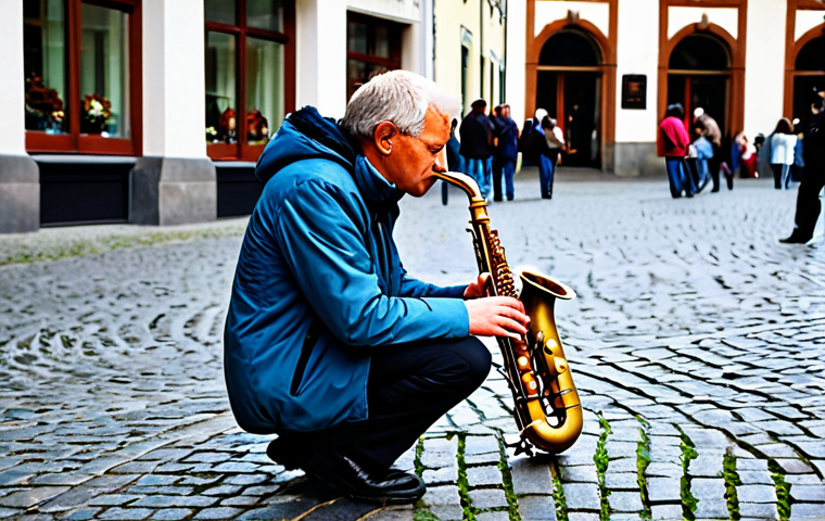 A professional male street saxophonist, dressed in a modest, practical jacket and trousers, passionately playing his instrument on a bustling cobblestone square in a historic German city. An open instrument case rests subtly on the ground nearby. The background features charming, classic German architecture under clear daylight. This image embodies professional street photography, focusing on the artist's dedication. perfect anatomy, correct proportions, natural pose, well-formed hands, proper finger count, natural body proportions, safe for work, appropriate content, fully clothed, professional.