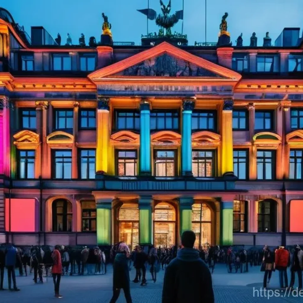 거리공연 시즌별 트렌드 - **A grand, historical building facade in a vibrant Berlin city center at dusk, bathed in a dynamic a...