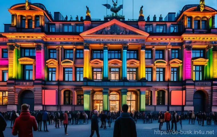 거리공연 시즌별 트렌드 - **A grand, historical building facade in a vibrant Berlin city center at dusk, bathed in a dynamic a...