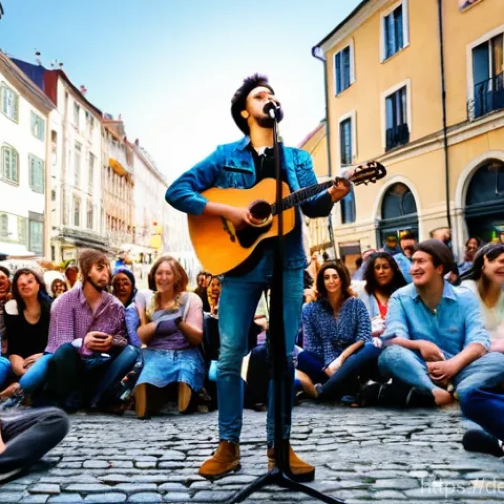 거리공연 관련법 - **A captivating street musician,** a young adult with an acoustic guitar, sings with passion in a bu...