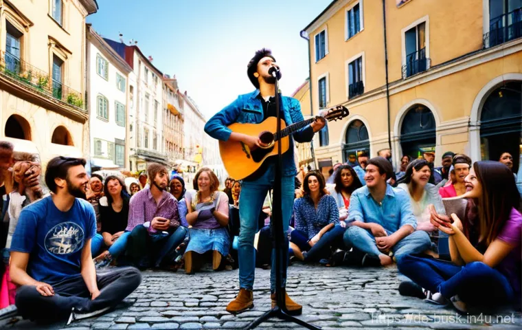 거리공연 관련법 - **A captivating street musician,** a young adult with an acoustic guitar, sings with passion in a bu...