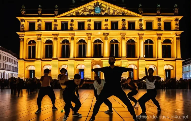 거리공연과 다양한 예술 장르의 융합 - Image Prompt 1: Urban Rhapsody: Dance and Light on a Historic Facade**
