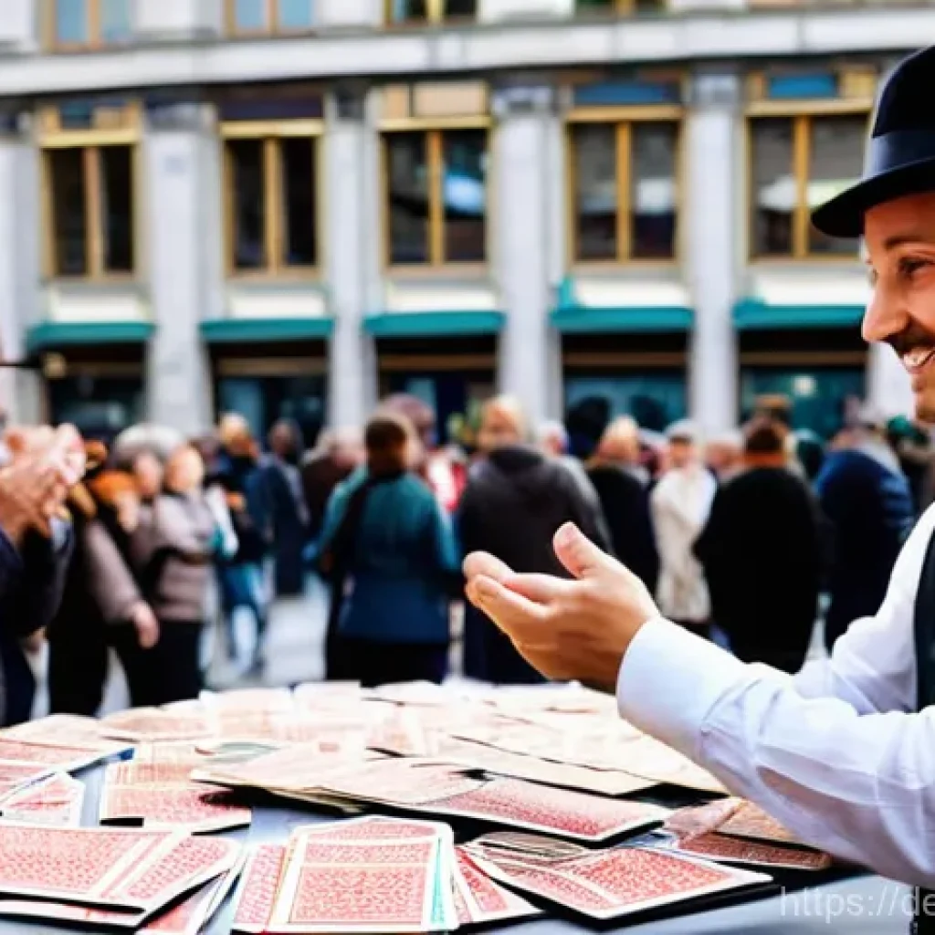 거리공연의 예술적 가치 - **Prompt:** A captivating street magician performs an intricate card trick on a bustling public squa...