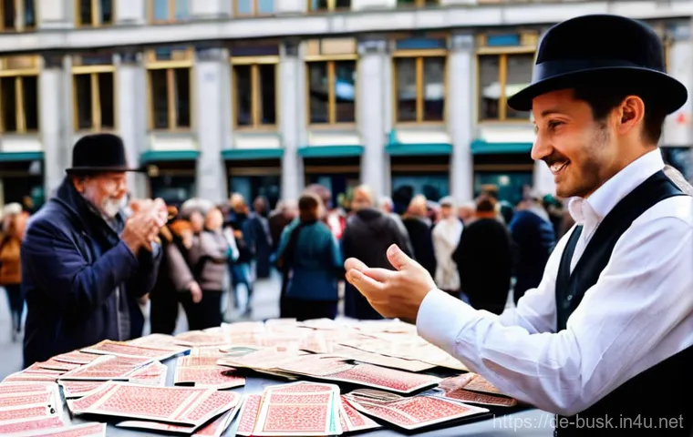 거리공연의 예술적 가치 - **Prompt:** A captivating street magician performs an intricate card trick on a bustling public squa...