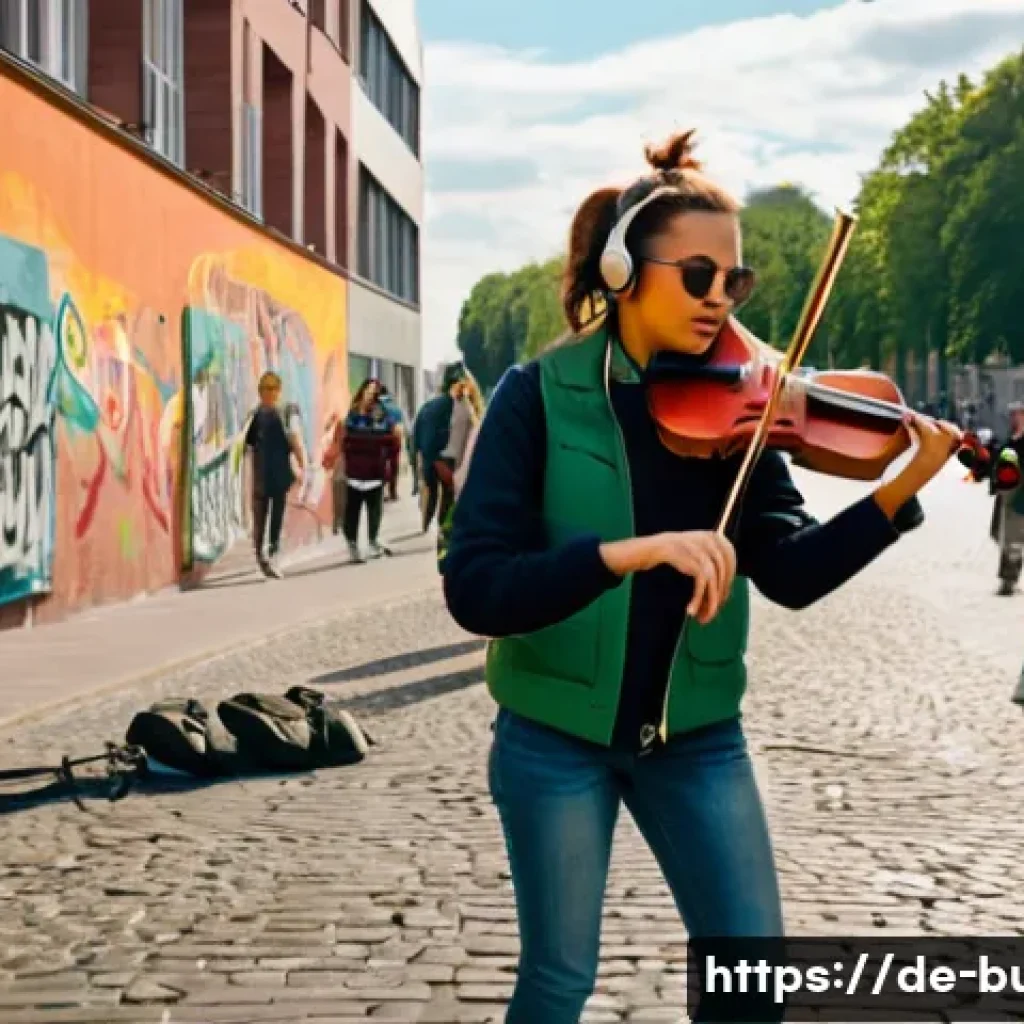 거리공연에 대한 언론의 시각 - A vibrant urban street scene in Berlin showcasing diverse street artists performing on a busy pedest...