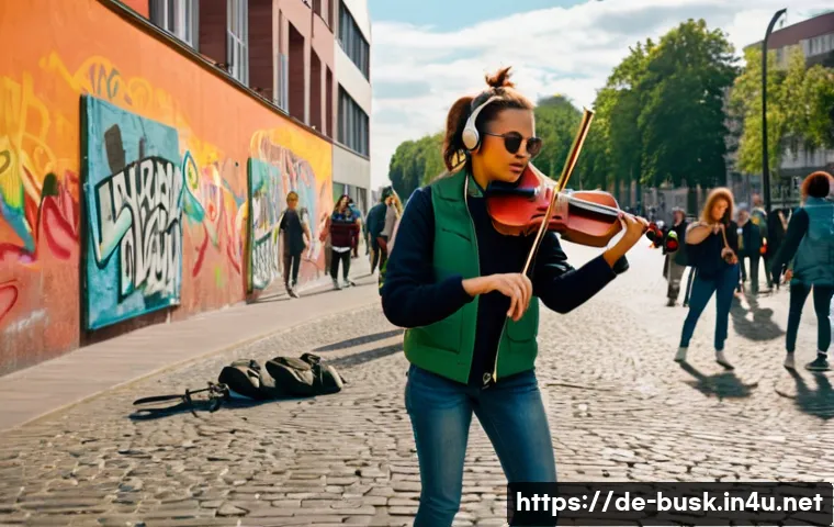 거리공연에 대한 언론의 시각 - A vibrant urban street scene in Berlin showcasing diverse street artists performing on a busy pedest...
