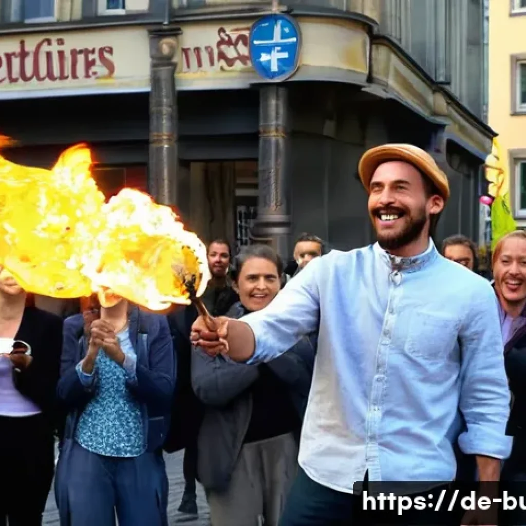거리공연과 대중 연예의 관계 - A vibrant street scene in a busy Berlin square during daylight, featuring a skilled street performer...