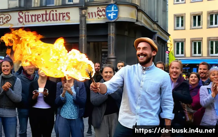 거리공연과 대중 연예의 관계 - A vibrant street scene in a busy Berlin square during daylight, featuring a skilled street performer...