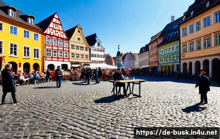 거리공연에서의 아티스트 권리 보호 - A lively street scene in a German city square during daytime, featuring a diverse group of street pe...