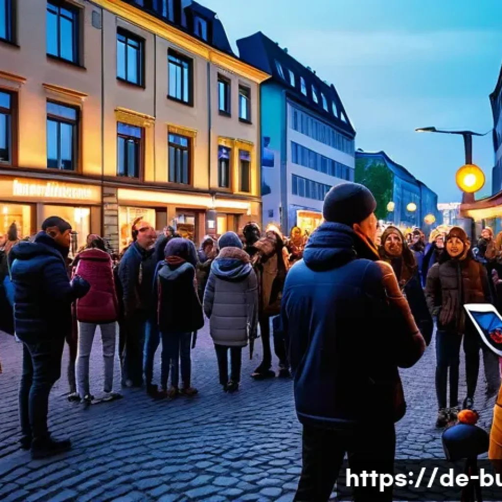 거리공연에서의 미디어 활용 - A vibrant urban street scene in Berlin at dusk, featuring a diverse street musician performing live ...