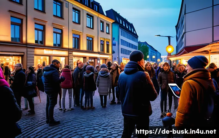 거리공연에서의 미디어 활용 - A vibrant urban street scene in Berlin at dusk, featuring a diverse street musician performing live ...
