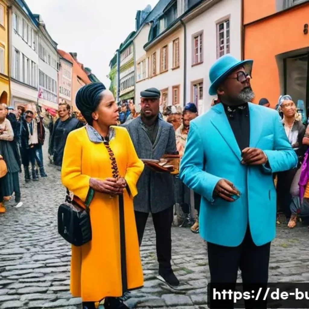 거리공연과 퍼포먼스 아트 - A vibrant urban street scene in a German city during daytime, featuring a diverse group of street pe...