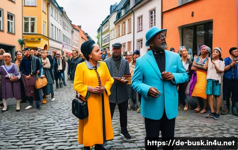거리공연과 퍼포먼스 아트 - A vibrant urban street scene in a German city during daytime, featuring a diverse group of street pe...
