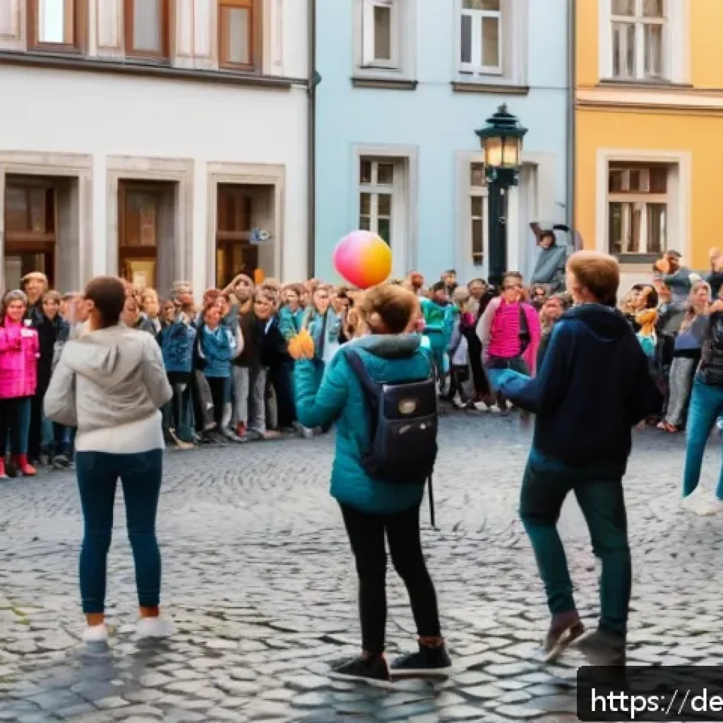 거리공연의 관객층 분석 - A lively urban street scene in a German city square during a late afternoon street art performance. ...