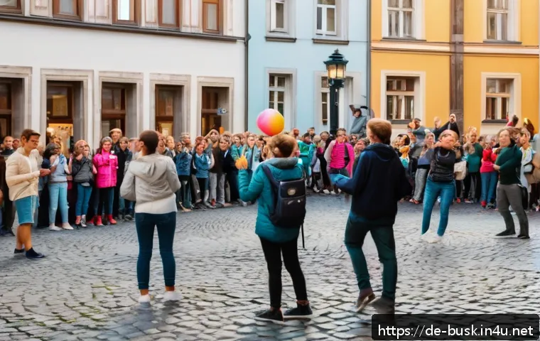 거리공연의 관객층 분석 - A lively urban street scene in a German city square during a late afternoon street art performance. ...