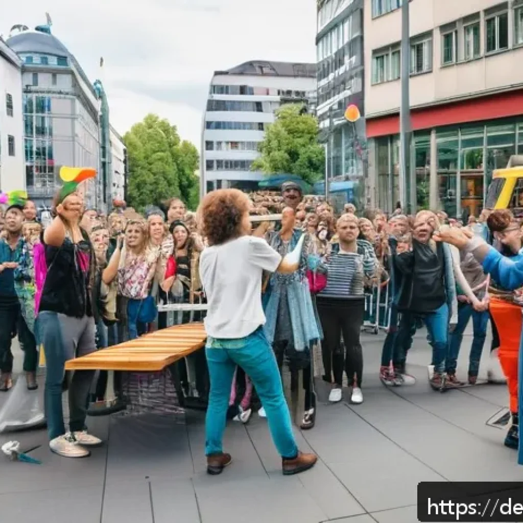 거리공연의 지속 가능성 - A lively urban street scene in Berlin&rsquo;s Alexanderplatz featuring a diverse group of street performer...