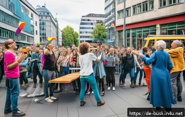 거리공연의 지속 가능성 - A lively urban street scene in Berlin&rsquo;s Alexanderplatz featuring a diverse group of street performer...