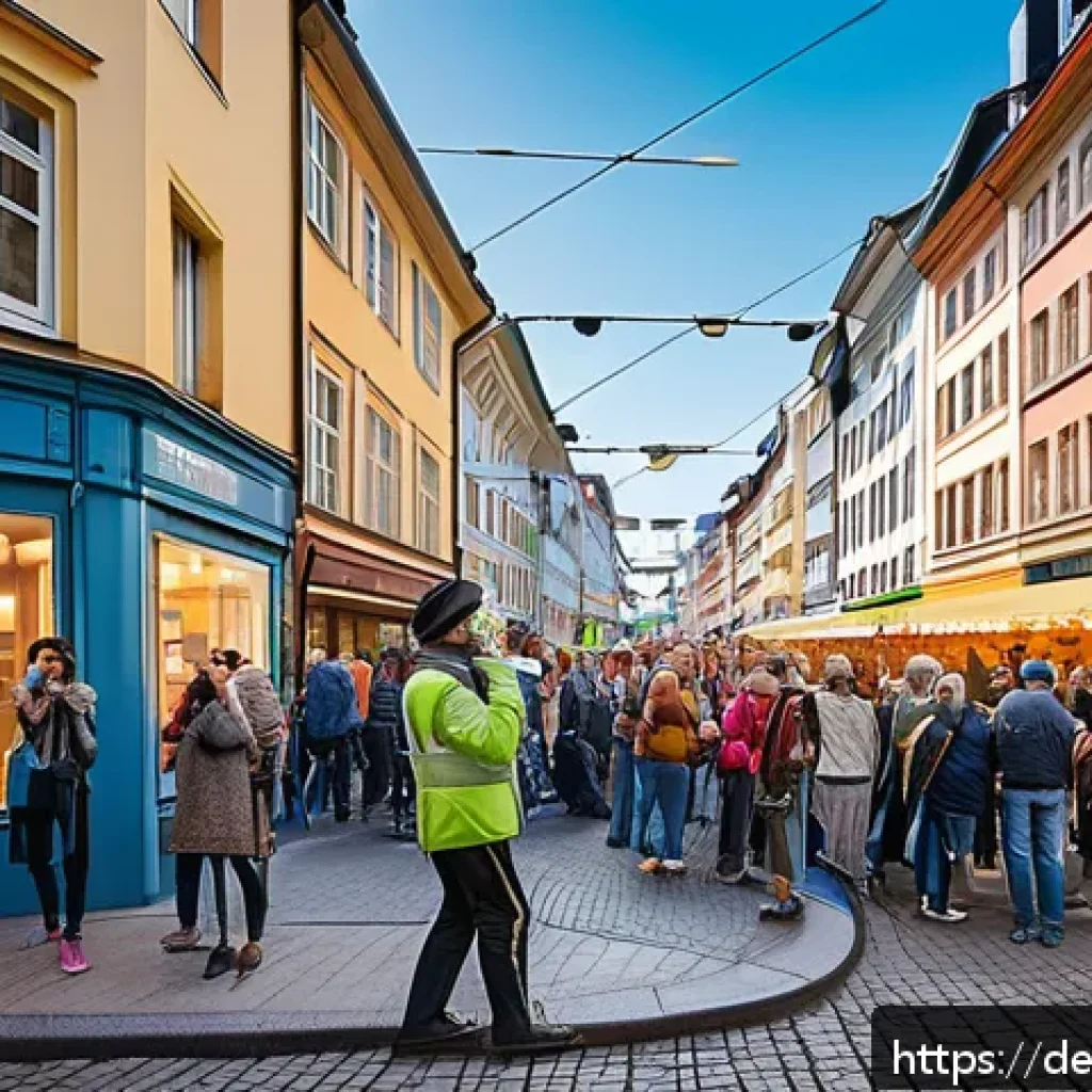 거리공연 공연 기획 팁 - A lively urban street scene in a busy German city center near a U-Bahn station during a sunny weeken...