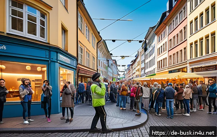 거리공연 공연 기획 팁 - A lively urban street scene in a busy German city center near a U-Bahn station during a sunny weeken...
