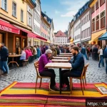 Home 19 거리공연의 수익 창출 방법 - A vibrant street performance scene set in a busy German city square near a popular café, featuring a...