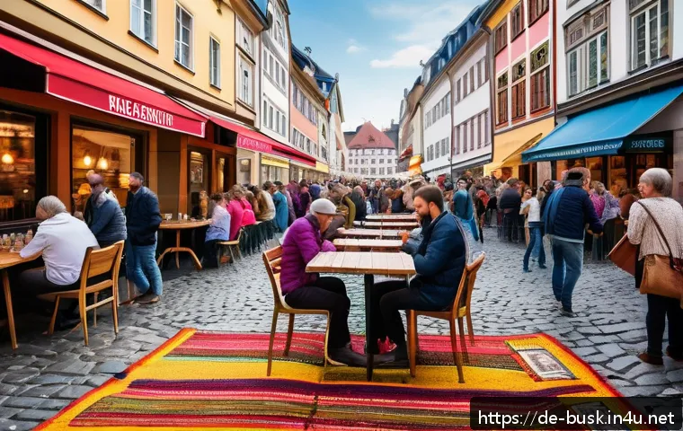거리공연의 수익 창출 방법 - A vibrant street performance scene set in a busy German city square near a popular café, featuring a...