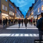 Home 18 거리공연의 보안 대책 - A lively street artist performing at a well-lit, busy pedestrian zone corner in a German city, surro...