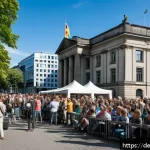 Home 23 거리공연 행사 주최 방법 - A lively street music event set in a bustling pedestrian zone of a German city like Berlin or Munich...