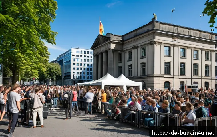 거리공연 행사 주최 방법 - A lively street music event set in a bustling pedestrian zone of a German city like Berlin or Munich...