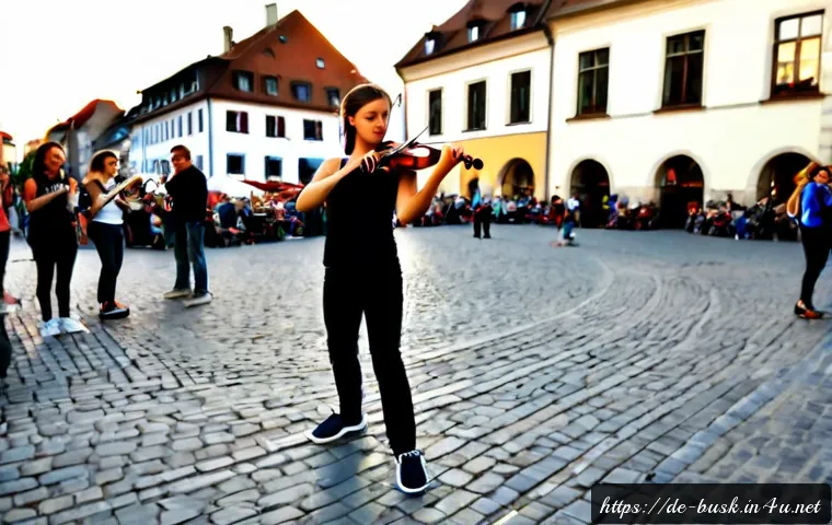 Home 17 거리공연에서의 새로운 스타일 - Photorealistic street performance in a lively German pedestrian square, a young violinist using a co...