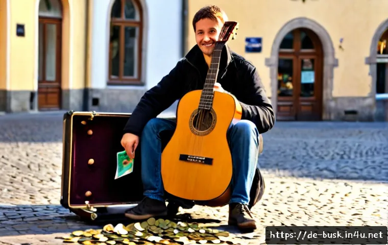 Home 17 거리공연을 위한 후원금 모금 방법 - Photorealistic street musician performing with an acoustic guitar in a charming German pedestrian sq...