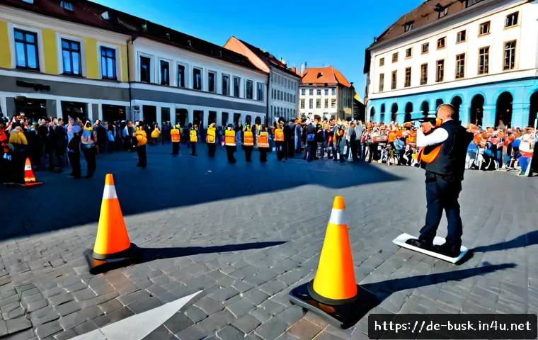 거리공연의 안전 규정 - Photorealistic street performance safety scene in a German pedestrian plaza, acoustic musician perfo...