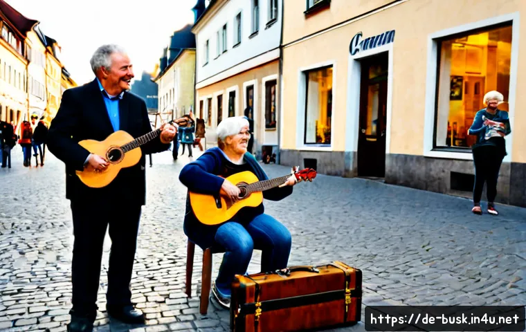 거리공연과 다양한 세대의 소통 - Photorealistic street performance in a lively German pedestrian plaza, a young acoustic guitarist an...