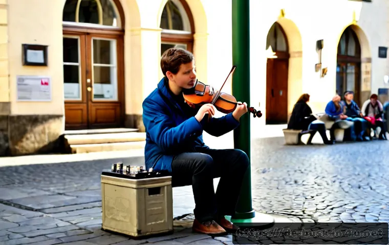 거리공연의 지속 가능성 관리 - Photorealistic European pedestrian plaza in a German city, a street violinist performing beneath a s...